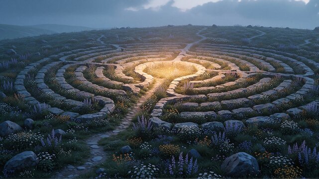 Sunlit stone labyrinth on a grassy hillside