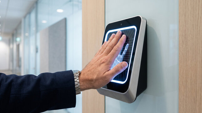 A person in a suit places their hand on a wall mounted biometric palm scanner device to ad social media download thambnail poster web template event festival 2026 2027 2028