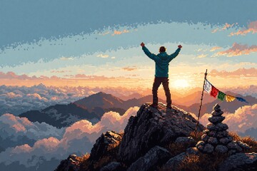 Fototapeta premium Pixel art hiker celebrating on mountain summit at sunset