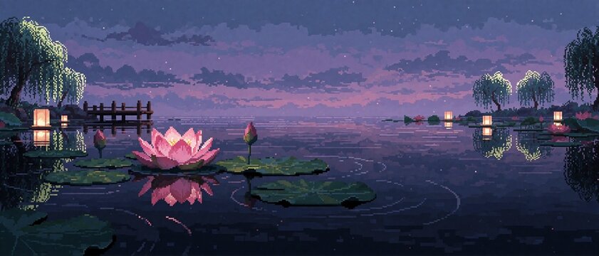 Pixel Art Twilight Lotus Lake with Lanterns and Willows