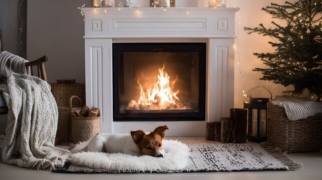 Dog Resting near Burning Fireplace in Cozy Scandinavian Living Room with Christmas Tree. Dog Relaxing on Rug in Minimalist Scandinavian Christmas Interior.