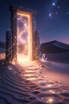 Mystical glowing portal door in desert landscape