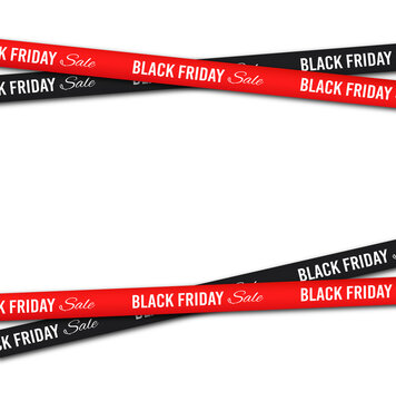 Black Friday Sale Red and Black Ribbon Tape Border Set with Horizontal Headers and Realistic Shadows on Transparent Background for Retail Advertising.