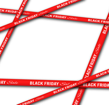 Black Friday Red Ribbon Tape Frame with Realistic Shadows and Sale Text on Transparent Background for Retail Marketing and Commercial Promotion.