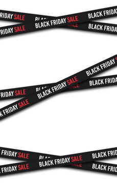Set of Black Friday Sale Crossing Ribbons and Caution Style Banners for Promotional Marketing Advertising and Shopping Event Design Elements on PNG.