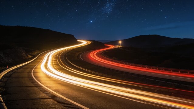 Winding highway road at night with long exposure car light trails under starry sky car lights night traffic road trip highway curves travel journey motion blur headlight tra