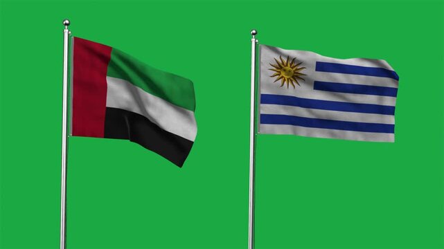 United Arab Emirates  and Uruguay Waving Flags, 3D Illustration