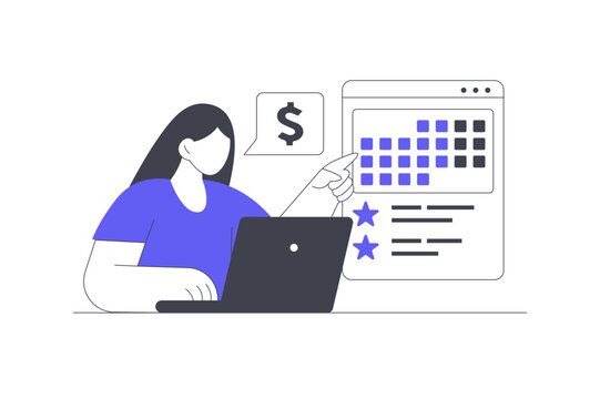 Content Plan Management and SMM Marketing Content Calendar. Female Specialist Pointing at Content Schedule Board with Dollar Coin and Laptop. Flat Cartoon Vector Illustration, icon Stylish abstract 