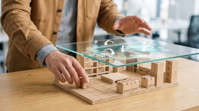 Professional planning warehouse automation with physical model and digital glass overlay