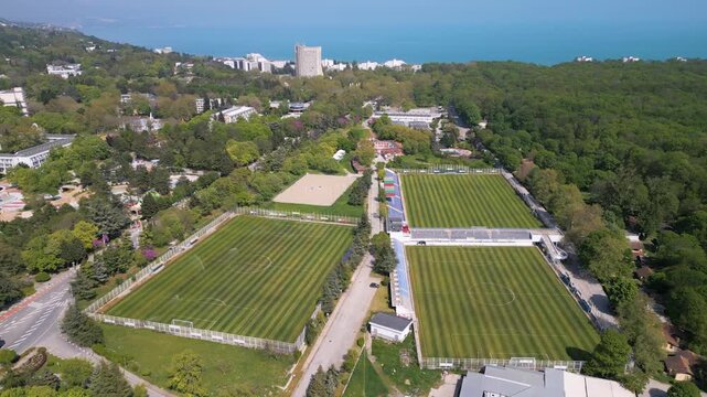 Aerial View of Football Fields and Sports Complex in Albena Resort Bulgaria