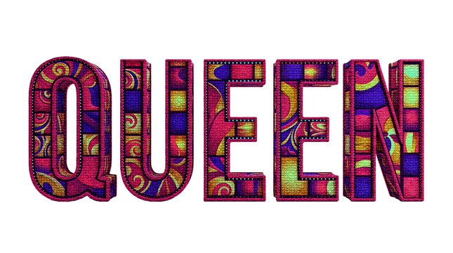 Queen word typography text pink pattern 3d colorful graphic banner font sign design isolated