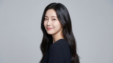 Obraz premium Portrait of a smiling young Asian woman looking over her shoulder at the camera