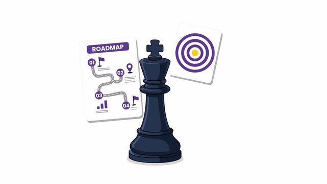 Flat 2D motion graphics animation of a chess piece with roadmap and target symbols, representing strategy and planning, alpha channel transparent background.