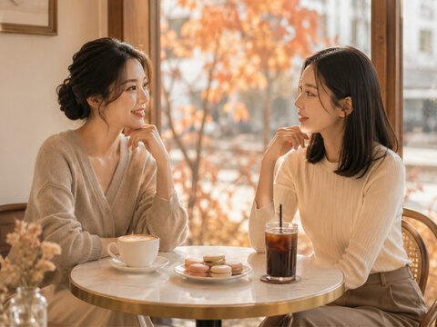 Cafe &mdash; two women facing each other &mdash; by an autumn window