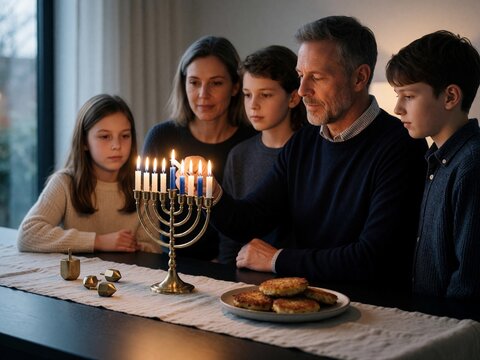 Family lighting Hanukkah menorah with latkes