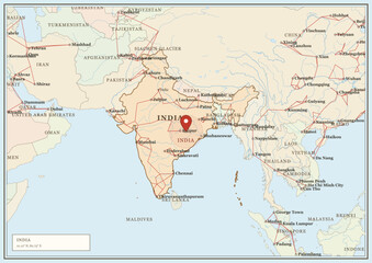 Obraz premium Map of india highlighting raipur city with a red location pin and surrounding network lines on a stylized world map background