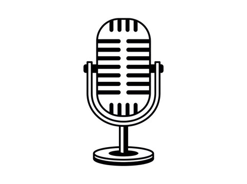 Iconic black and white illustration of a retro microphone on a stand, ideal for audio themes.