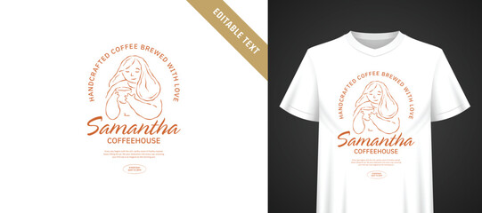 Naklejka premium Warm terracotta hand drawn cartoon coffee t-shirt template with editable text, arched vintage typography, gentle character holding mug for cozy handcrafted local coffeehouse themed apparel