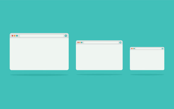 Minimalist flat web browser windows in three sizes float gracefully over a clean teal backdrop with professional soft shadows.