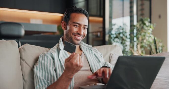 Credit card, happy and man on laptop for online shopping, ecommerce purchase and digital banking. Sofa, home and person on computer with debit info for subscription, payment and website store sale