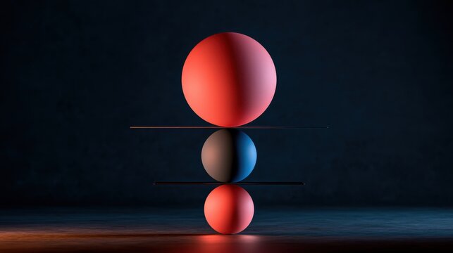 Stacked colorful spheres balanced on thin platforms in dark lighting. This composition illustrates themes of stability, business strategy, and precision for professional design.