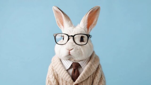 Smart rabbit male cartoon character dressed as a human businessman wearing glasses, a sweater, and a tie on solid blue background
