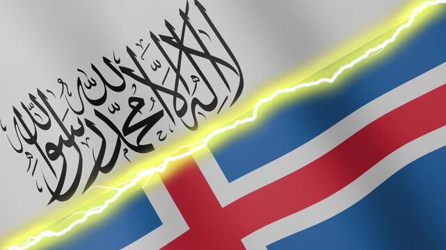Two waving flags Afghanistan and Iceland with diagonal lightning seamless, 4k loop
