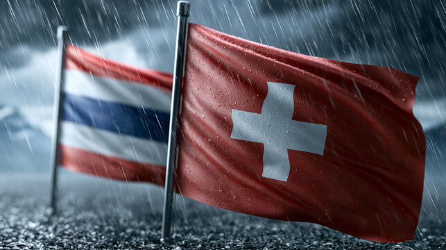 Flags of switzerland and thailand in the rain representing global partnerships and collaboration between nations