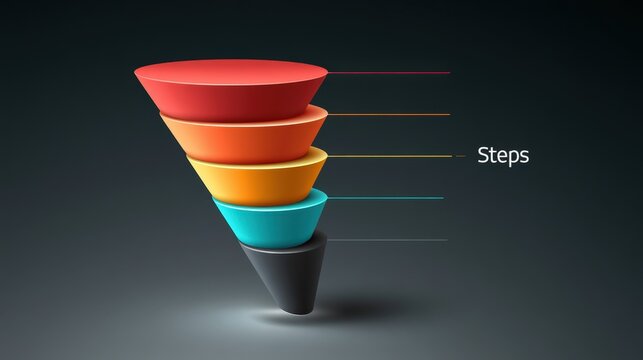 A 3D colorful five-level marketing funnel chart displays progress on a dark background. Use this for business strategy and conversion process presentations.