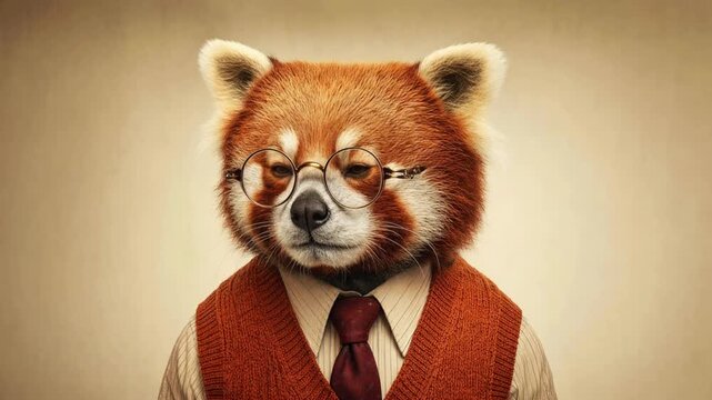 Intellectual red panda male cartoon character dressed in a shirt, tie, and vest looking directly at the camera