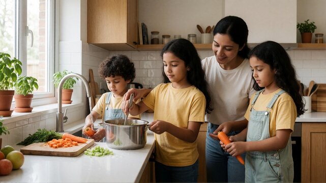 Mother and three kids cooking together in sunny kitchen