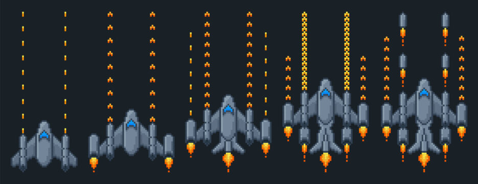 Pixel art space video game arcade elements. Pixelated vintage computer gaming spaceships with laser, spacecraft battle in galaxy, mobile games ui design icons in 8bit retro style on black background