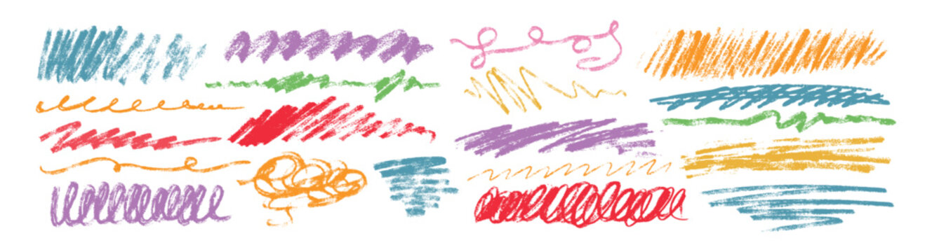 Charcoal underlines, colorful scribbles and wavy brush strokes. Kids hand drawn doodle curly lines, squiggles. Pencil chalk think and rough stripes, freehand crayon strikethroughs on white background