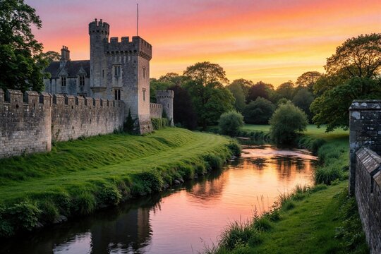 Stone castle walls line river bank during sunset. Warm sky colors reflect on water. Green grass covers grounds around historic building. Nature surrounds ancient fortress.