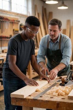 Mentor teaching young man woodworking in workshop