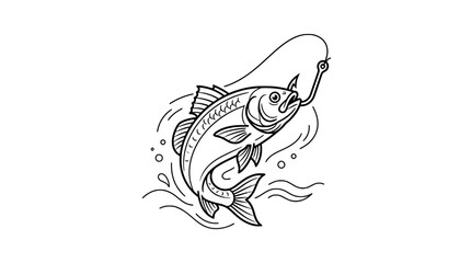Naklejka premium Fish catching on a hook - Black and white outline vector illustration