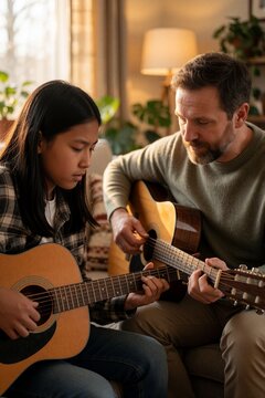 Father teaching daughter to play guitar