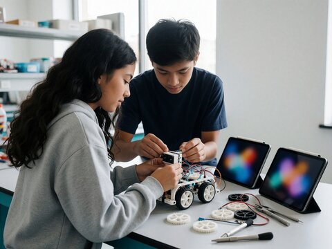 Teenagers building a robot in a science lab