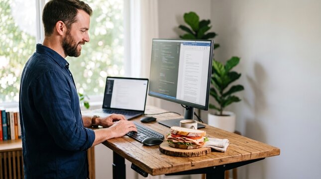 Man working at standing desk with sandwich and coffee, celebrating National Sandwich Day