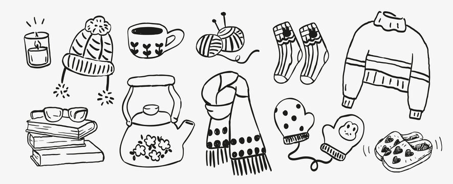 Cozy winter doodle collection featuring sweater, scarf, mittens, beanie, hot tea, candle, books, knitting yarn and homemade pie. Warm seasonal illustrations for lifestyle, packaging and stationery.