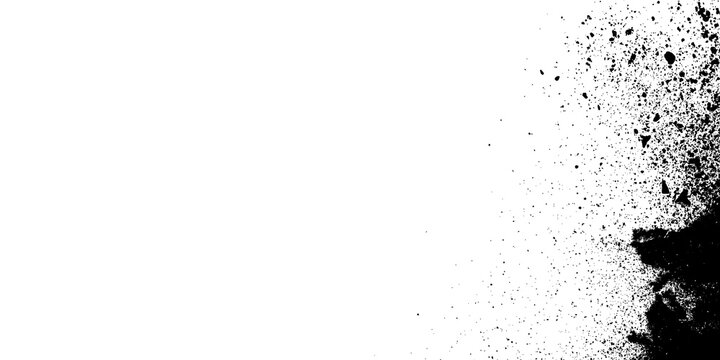 Black ink splatter texture on white background for graphic design and artistic overlays