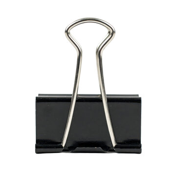 Single black metal binder clip with silver wire handles standing upright isolated on a transparent background