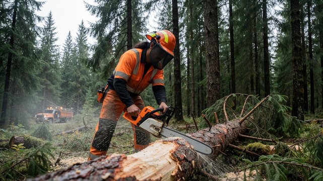 Lumberjack cutting a fallen tree in the forest