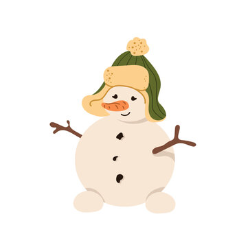 Cute smiling snowman character wearing green hat with earflaps and pompon with carrot nose isolated on white background. Winter holiday vector illustration