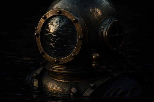 Vintage diving helmet partially submerged in dark water  