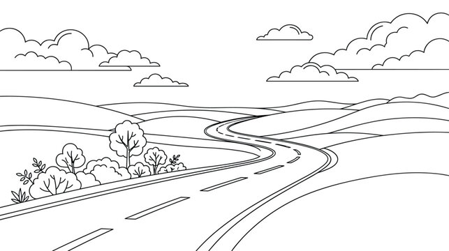 Winding country road landscape coloring page with hills trees and clouds.