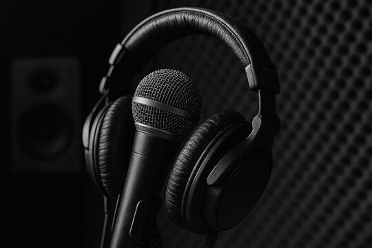 Black microphone and headphones in a recording studio setup  