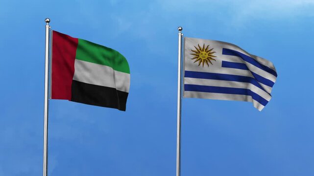 United Arab Emirates  and Uruguay Waving Flags, 3D Illustration