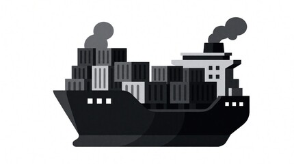 Fototapeta premium Large cargo ship moves through water releasing smoke from stack. Vessel carries stacked containers on deck. Illustration for logistics and global trade.