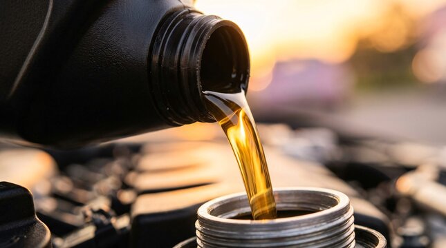 Pristine golden amber motor oil pouring in smooth viscous stream from black plastic container into clean modern car engine, sunset.